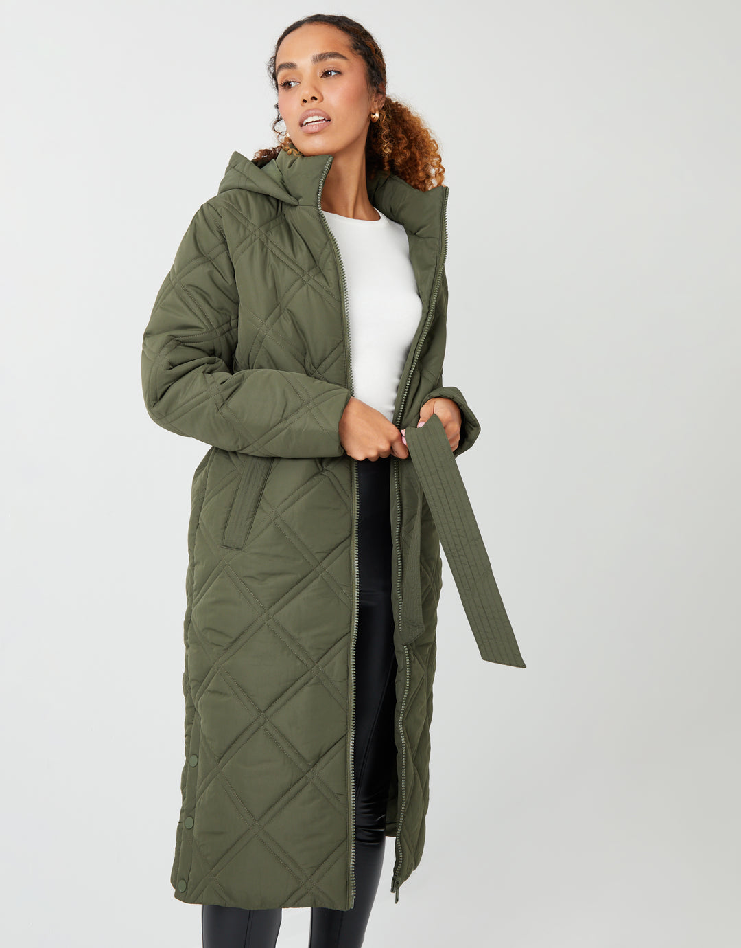 Khaki Green Diamond Quilted Belted Coat