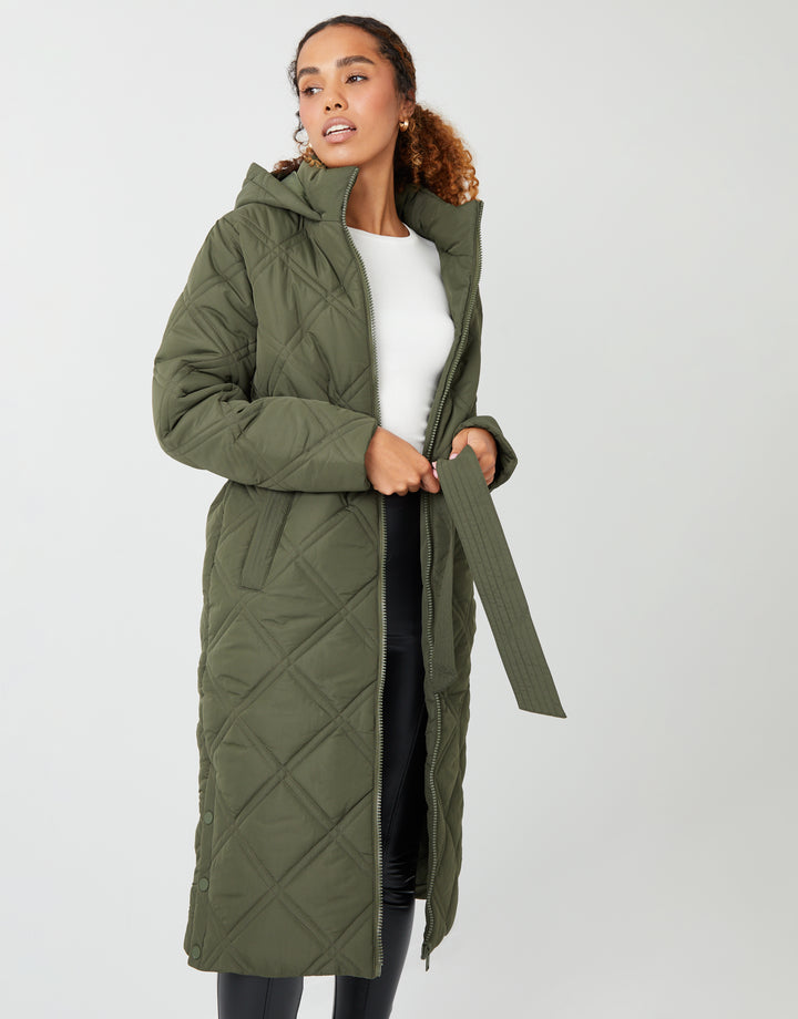 Khaki Green Diamond Quilted Belted Coat