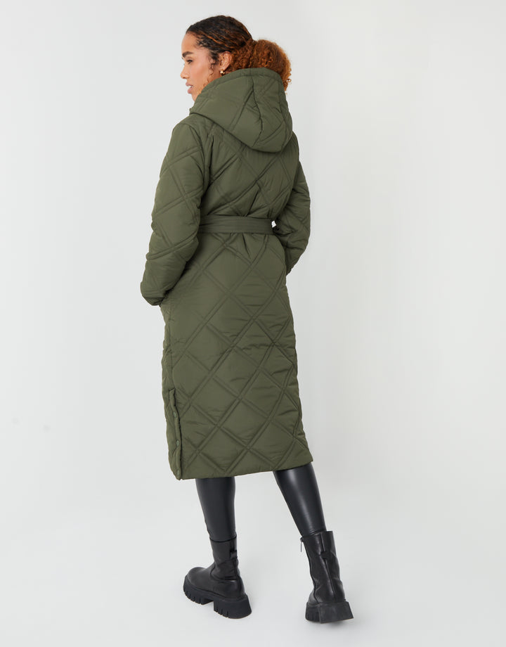 Khaki Green Diamond Quilted Belted Coat
