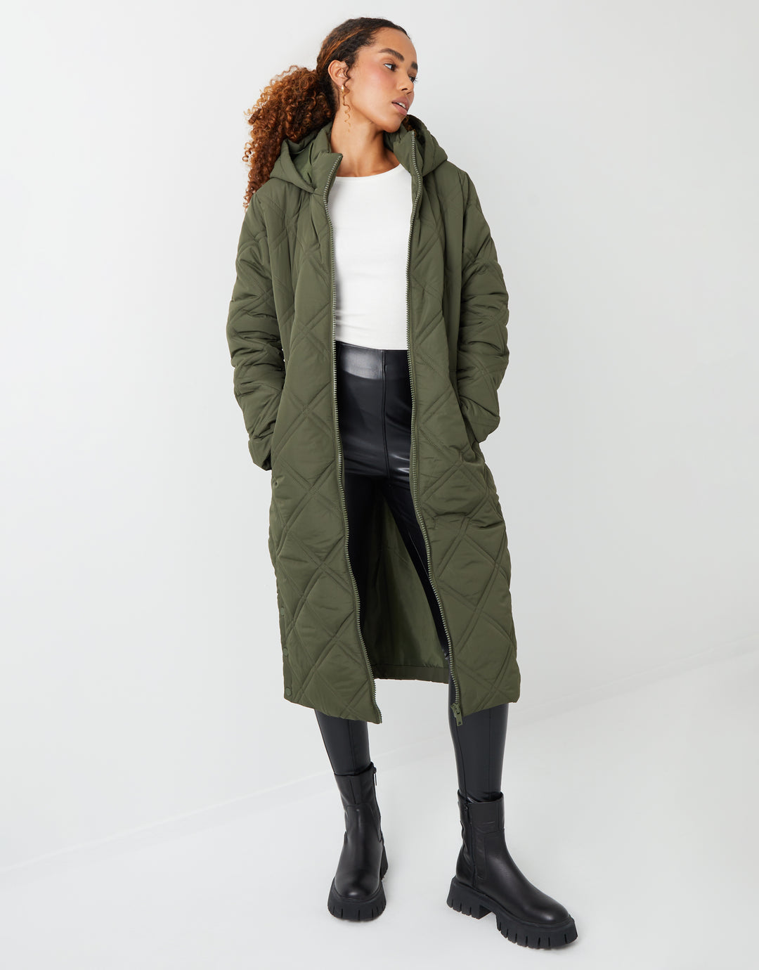 Khaki Green Diamond Quilted Belted Coat
