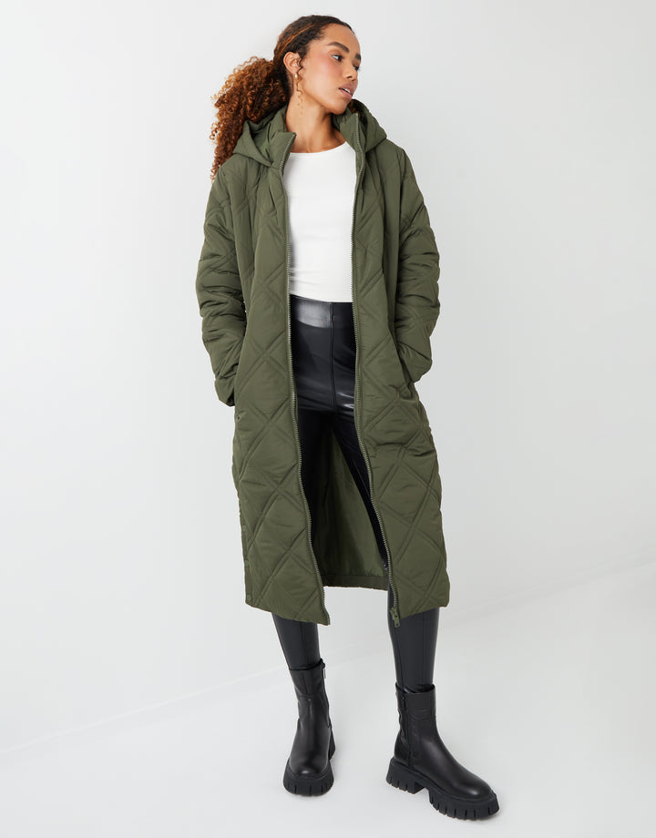 Khaki Green Diamond Quilted Belted Coat