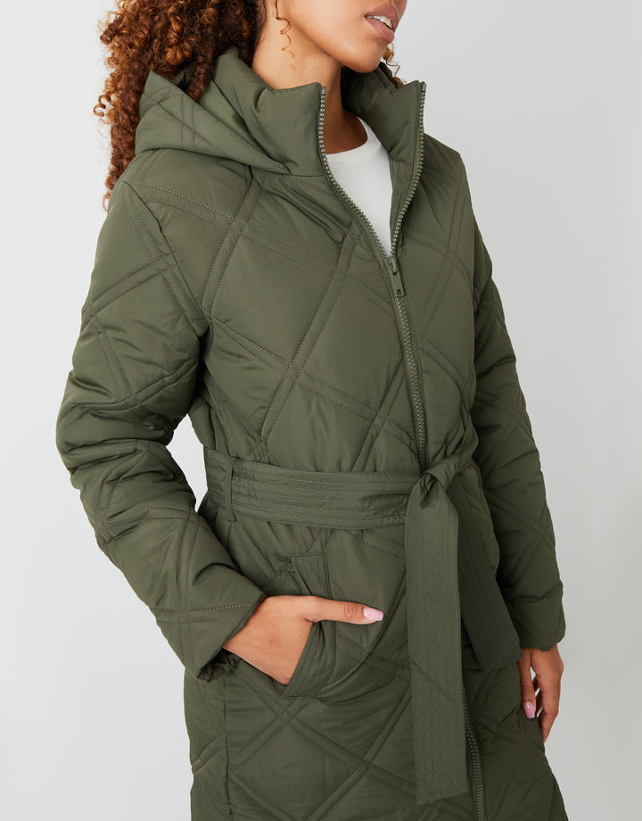 Khaki Green Diamond Quilted Belted Coat