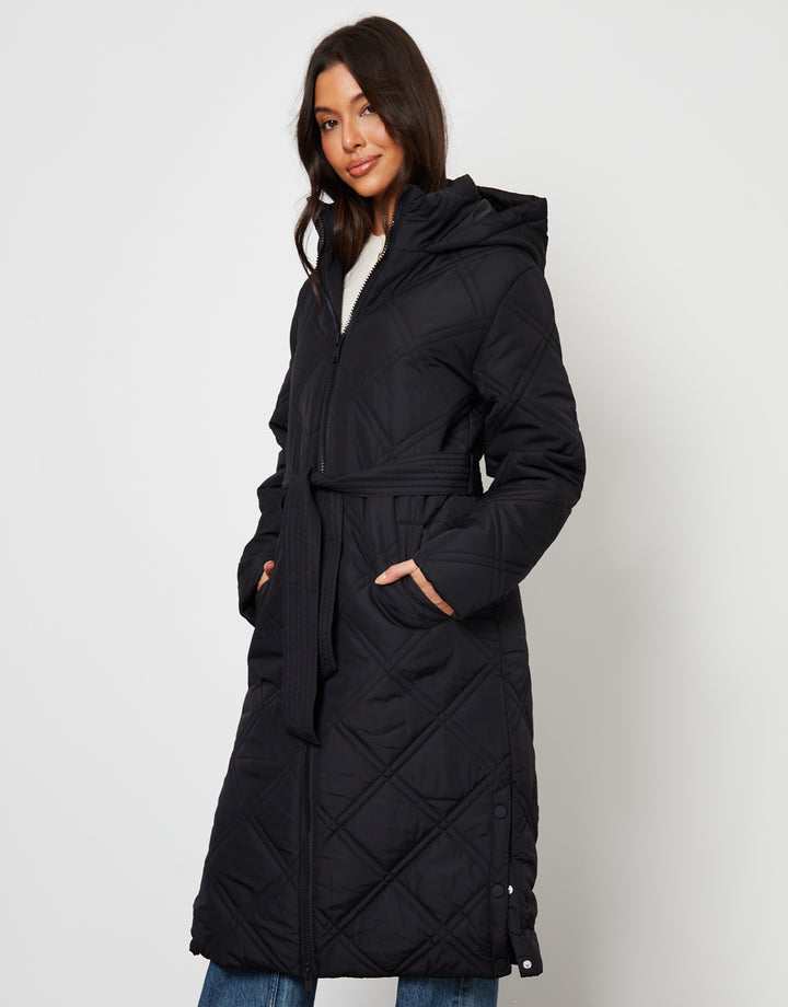 Black Diamond Quilted Belted Coat