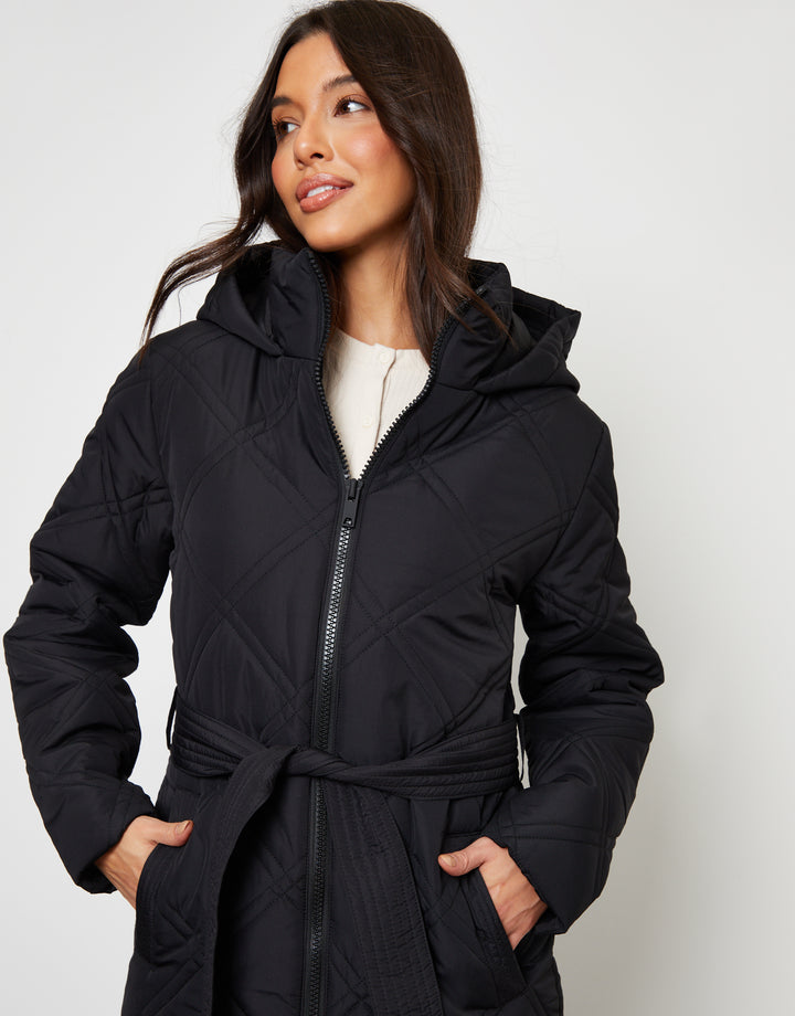 Black Diamond Quilted Belted Coat
