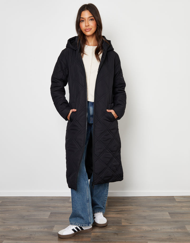 Black Diamond Quilted Belted Coat