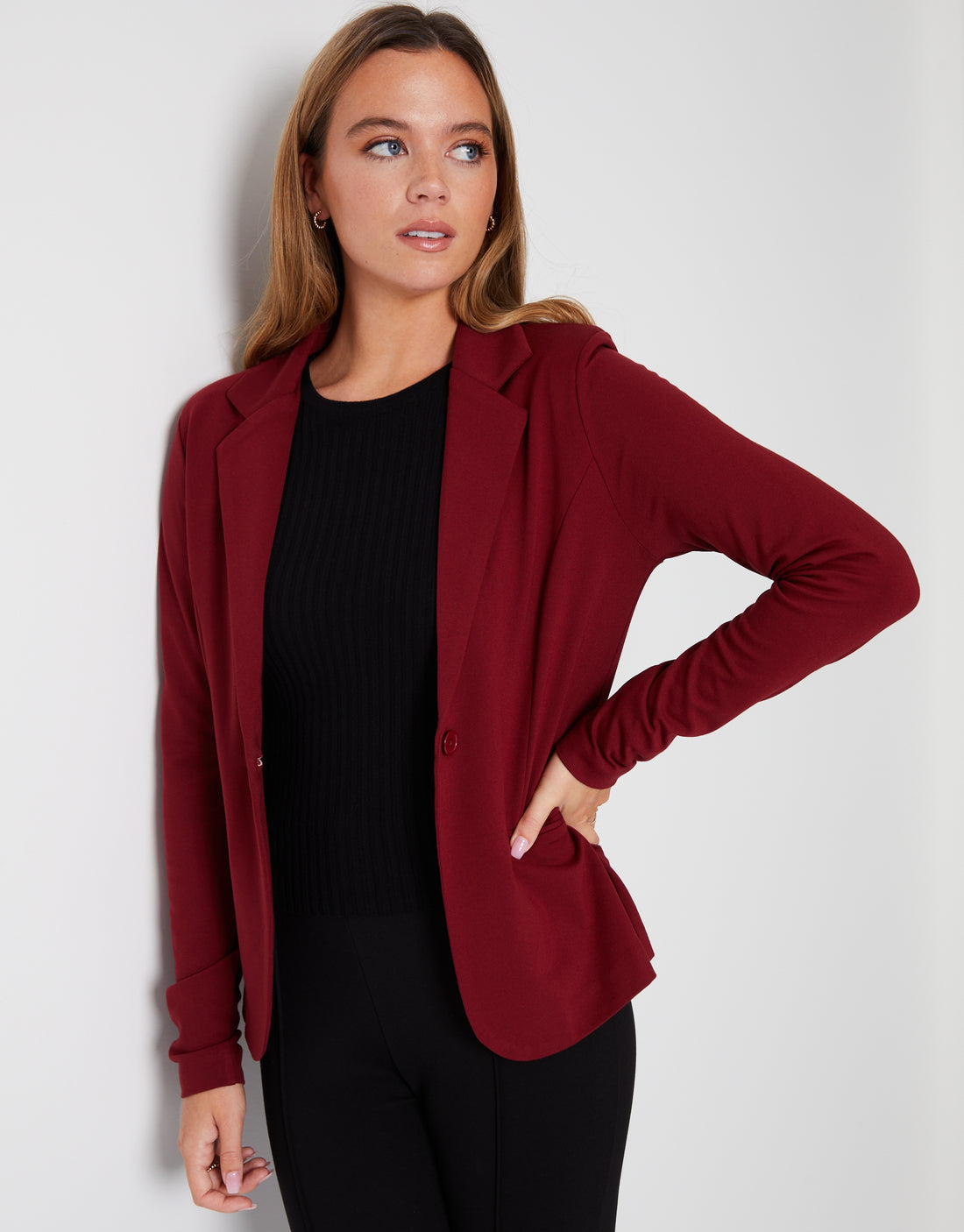 Women's Burgundy Red Single Breasted Ladies' Ponte Blazer – Threadbare