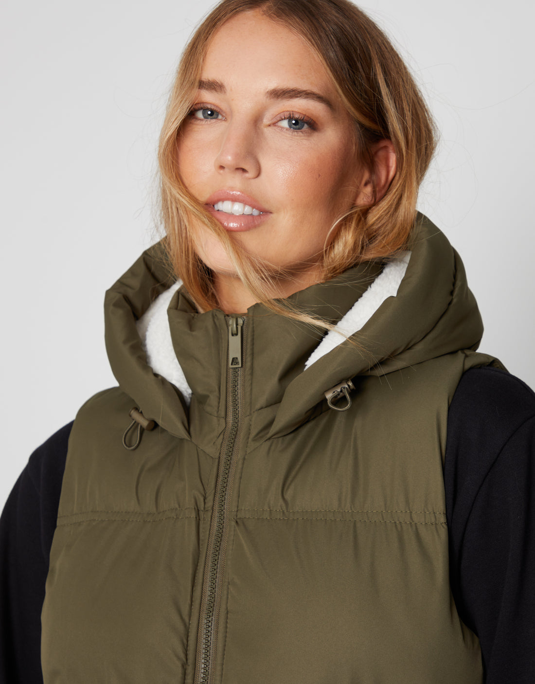 Women's Khaki Green Padded Longline Gilet with Hood Ladies