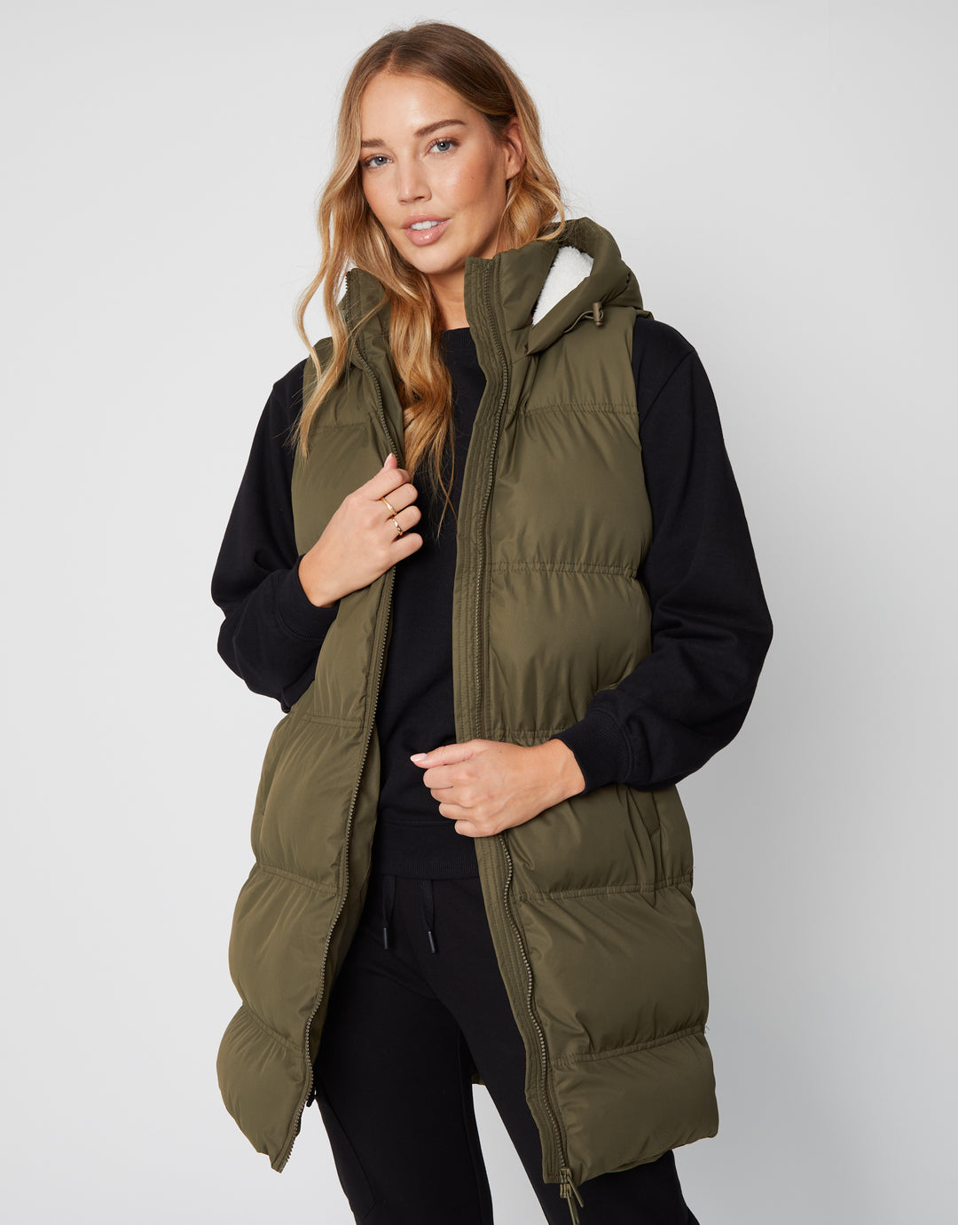 Khaki Green Padded Gilet with Borg-Lined Hood