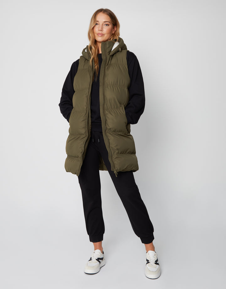 Khaki Green Padded Gilet with Borg-Lined Hood