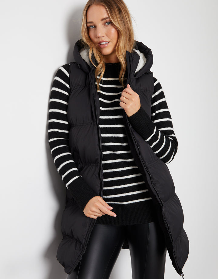 Black Padded Gilet with Borg-Lined Hood