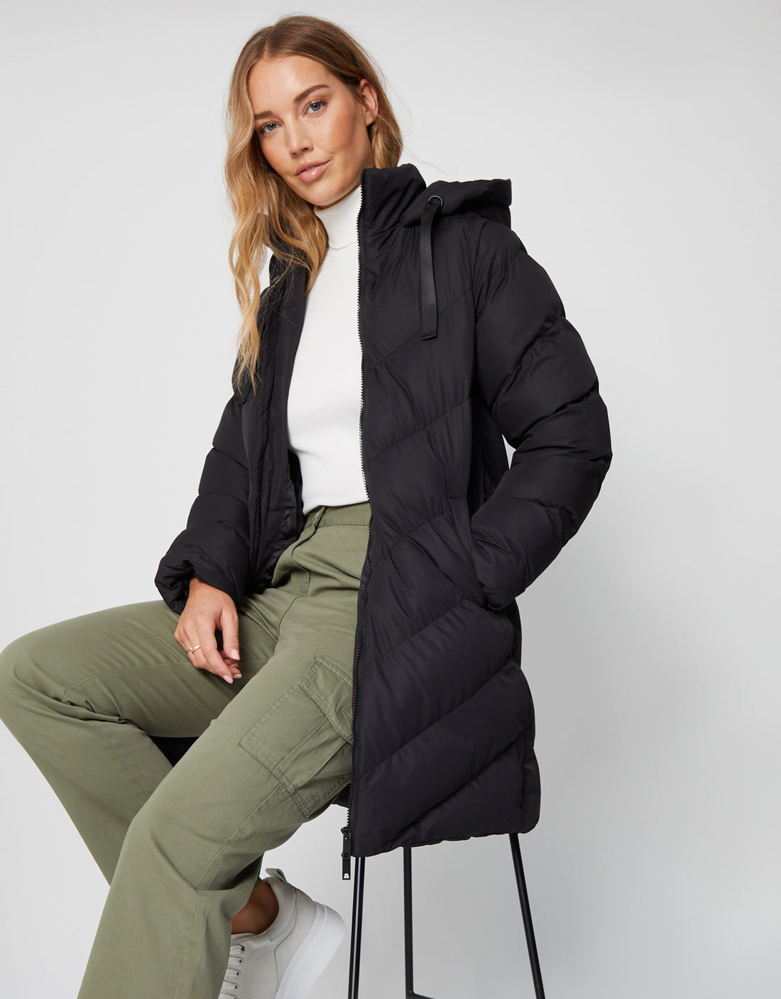 Women's Black Padded Mid Length Hooded Ladies' Puffer Jacket – Threadbare