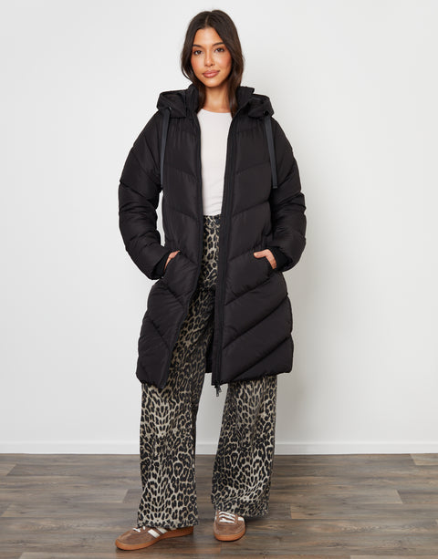 Threadbare Padded Mid Length Hooded Puffer Jacket in Black - front view