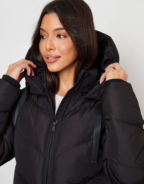 Threadbare Padded Mid Length Hooded Puffer Jacket in Black - front view close up