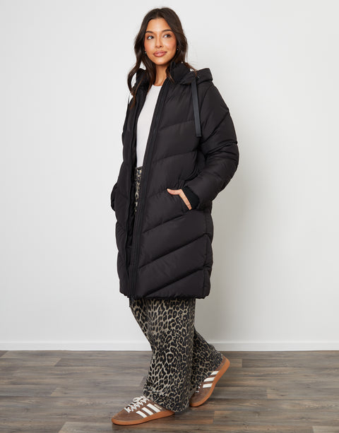 Threadbare Padded Mid Length Hooded Puffer Jacket in Black - side view