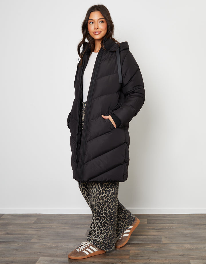 Black Padded Mid Length Hooded Puffer Jacket