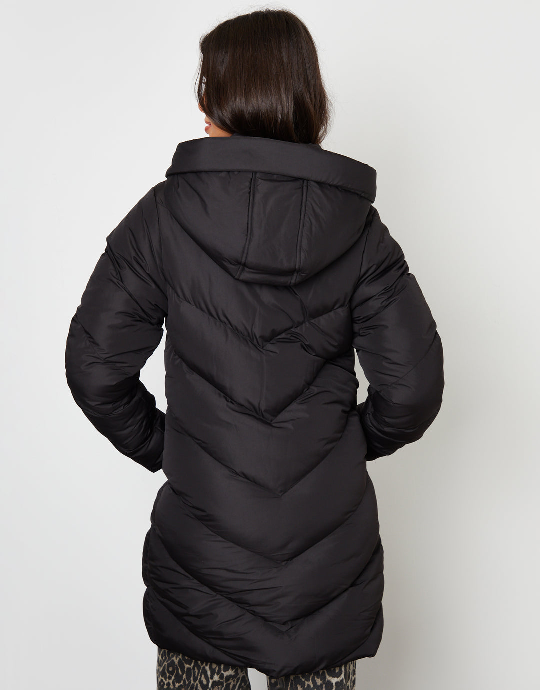 Black Padded Mid Length Hooded Puffer Jacket