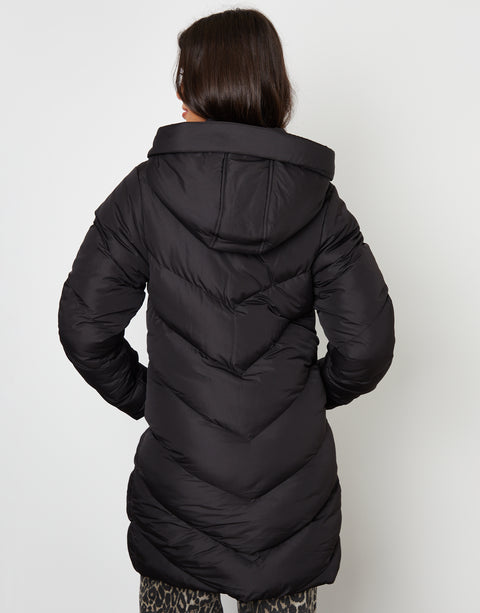 Threadbare Padded Mid Length Hooded Puffer Jacket in Black - back view