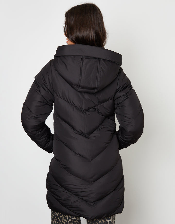 Black Padded Mid Length Hooded Puffer Jacket