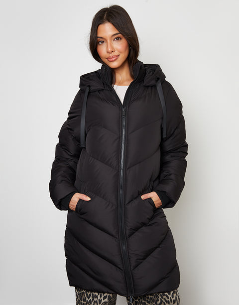 Threadbare Padded Mid Length Hooded Puffer Jacket in Black - front view, zipped up