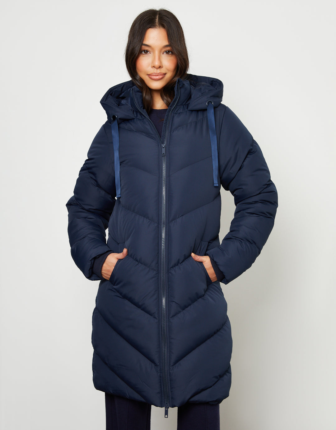 Navy Padded Mid Length Hooded Puffer Jacket