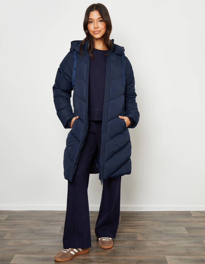 Navy Padded Mid Length Hooded Puffer Jacket
