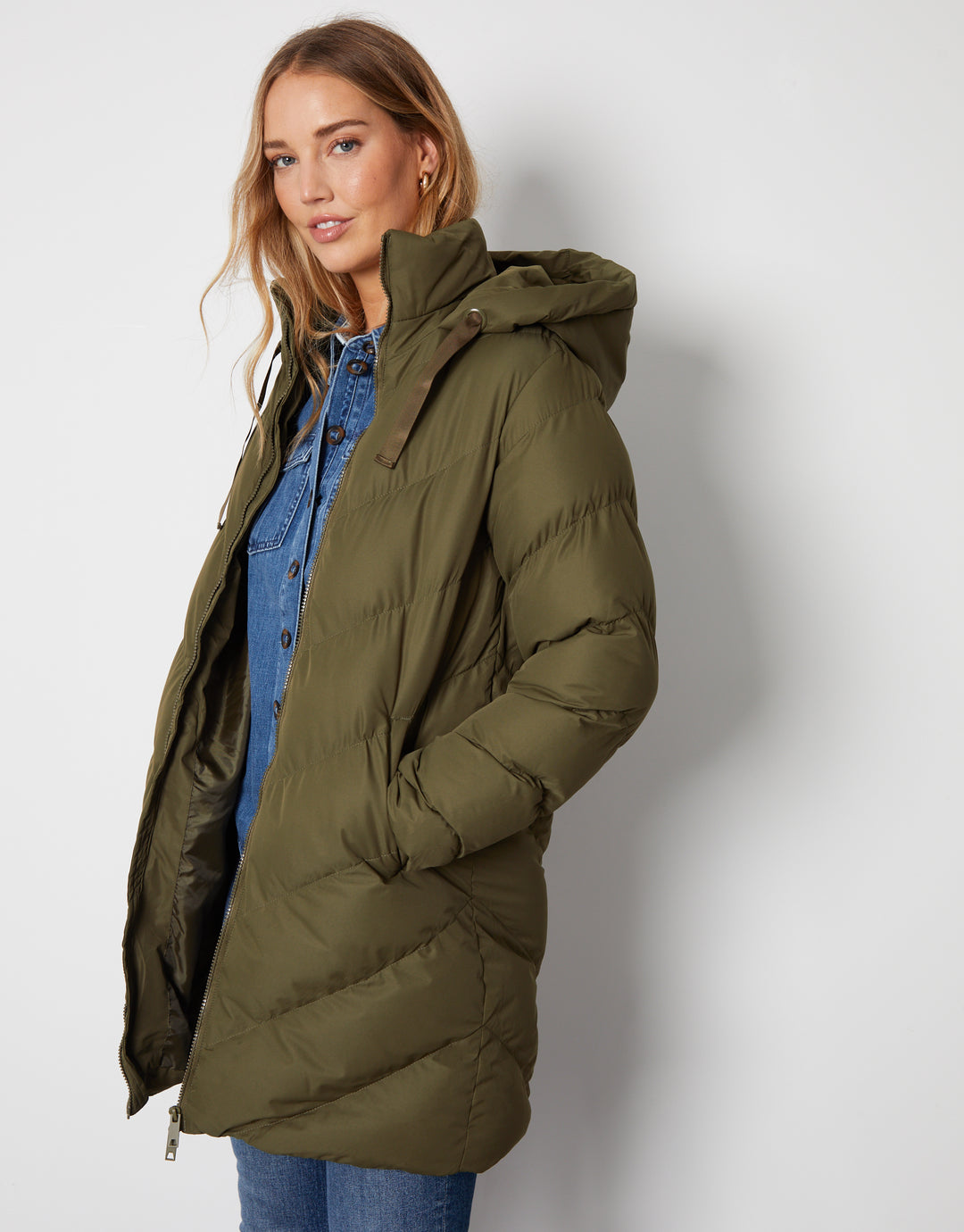 Khaki Green Padded Mid Length Hooded Puffer Jacket