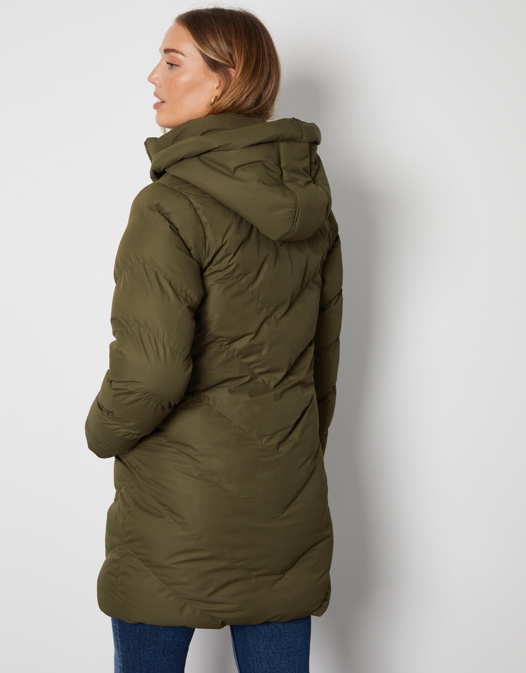Khaki Green Padded Mid Length Hooded Puffer Jacket