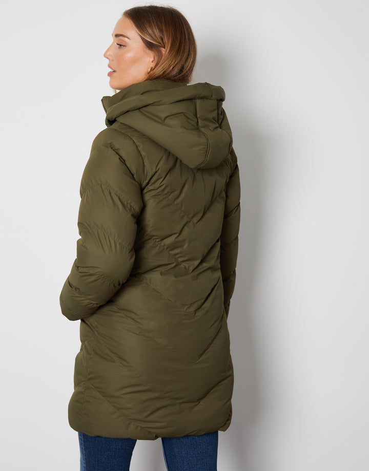 Khaki Green Padded Mid Length Hooded Puffer Jacket