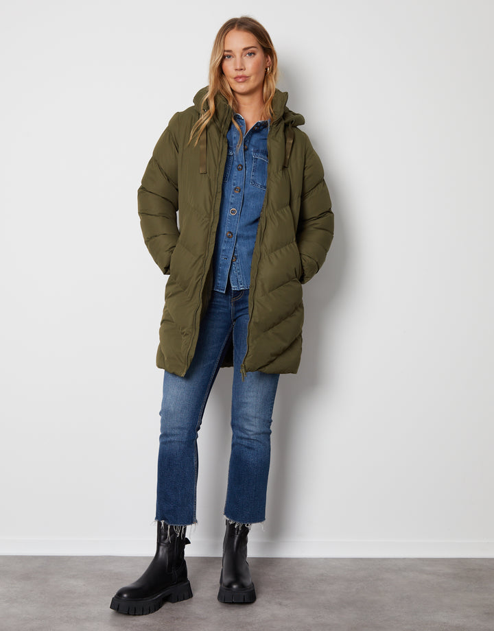 Khaki Green Padded Mid Length Hooded Puffer Jacket