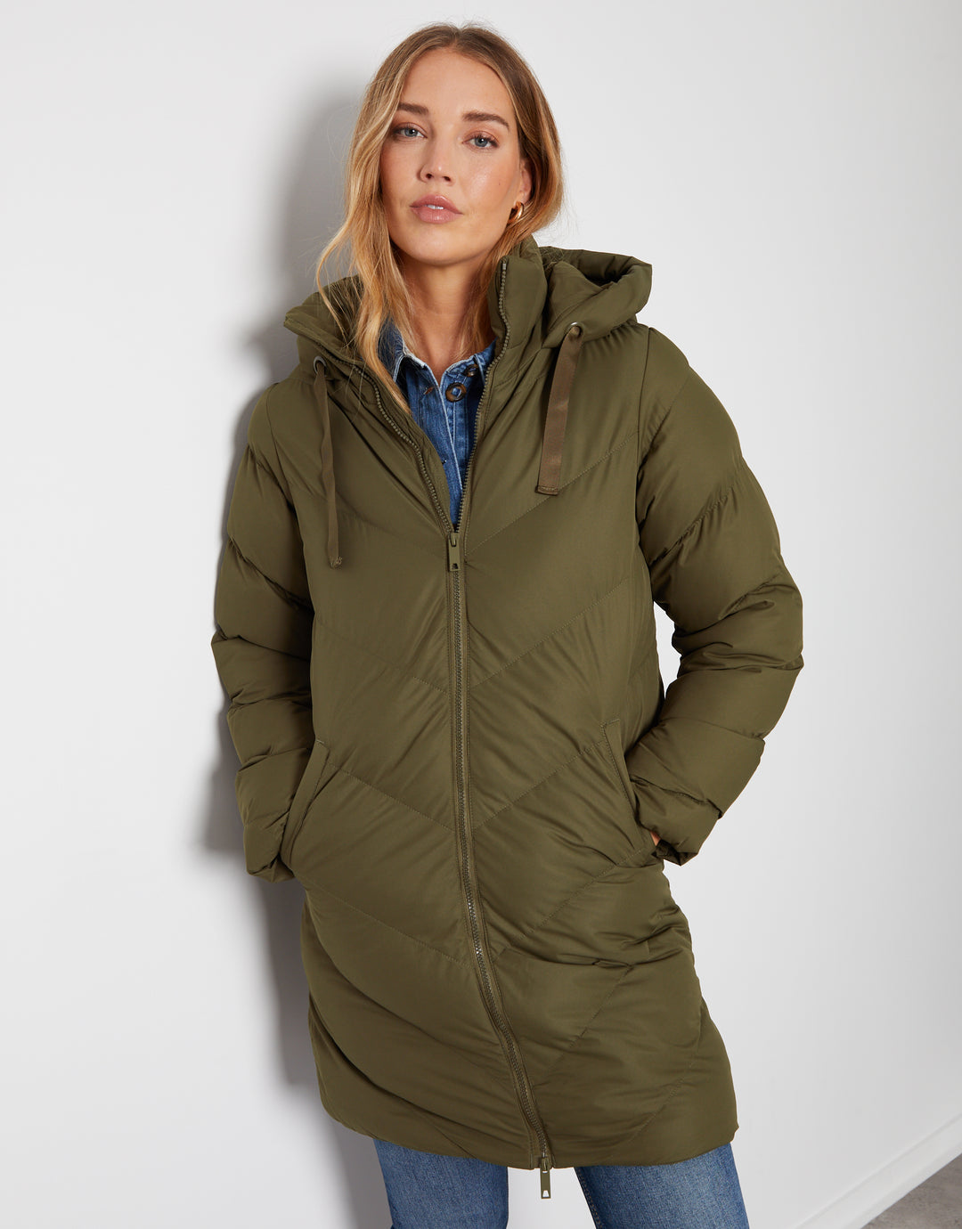 Khaki Green Padded Mid Length Hooded Puffer Jacket