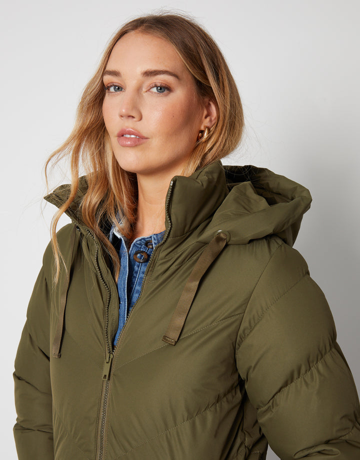 Khaki Green Padded Mid Length Hooded Puffer Jacket
