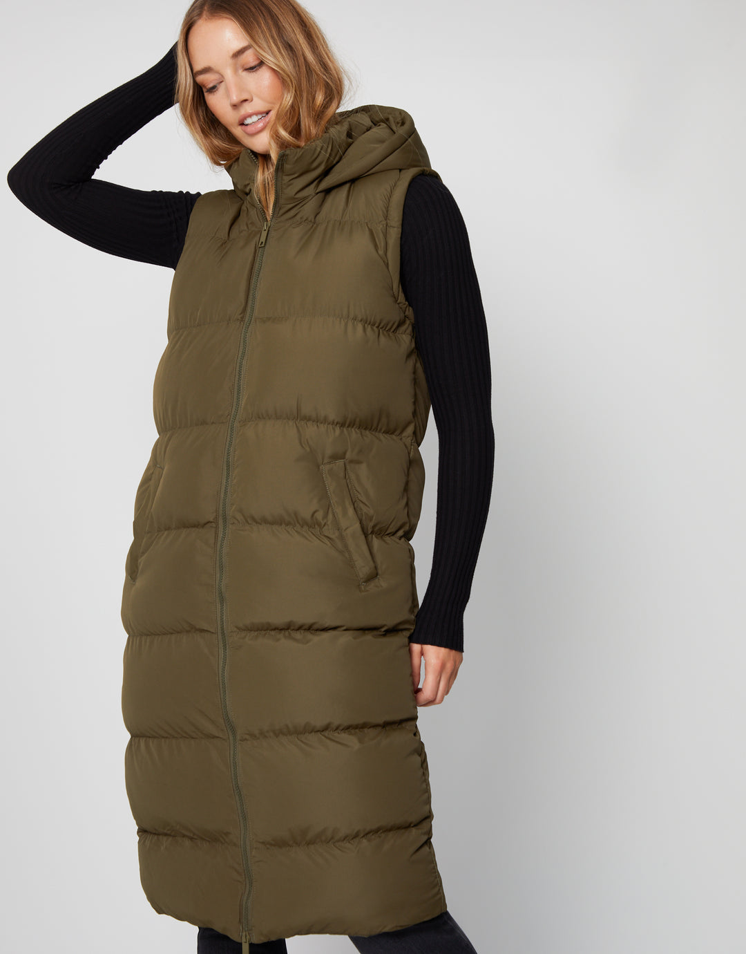 Threadbare Women's Khaki Green Padded Longline 2-in-1 Puffer