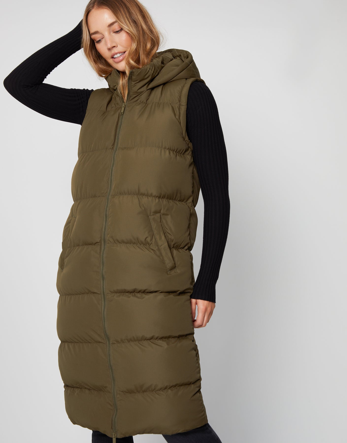 Threadbare Women's Khaki Green Padded Longline 2-in-1 Puffer