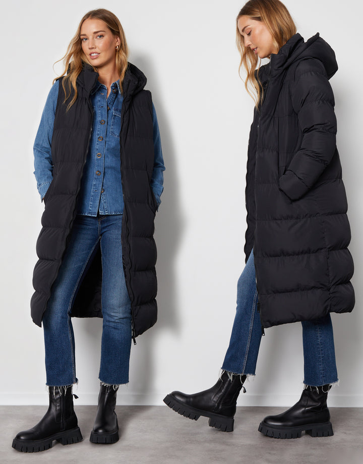 Black Padded Longline 2-in-1 Puffer Jacket with Detachable Sleeves