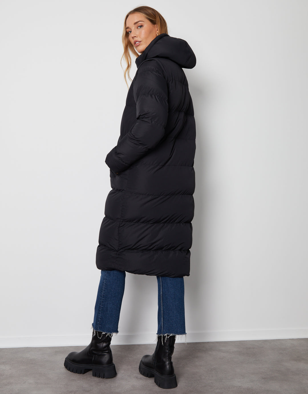 Black Padded Longline 2-in-1 Puffer Jacket with Detachable Sleeves