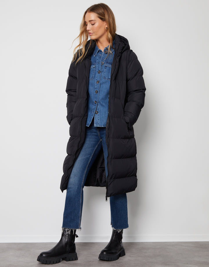 Black Padded Longline 2-in-1 Puffer Jacket with Detachable Sleeves