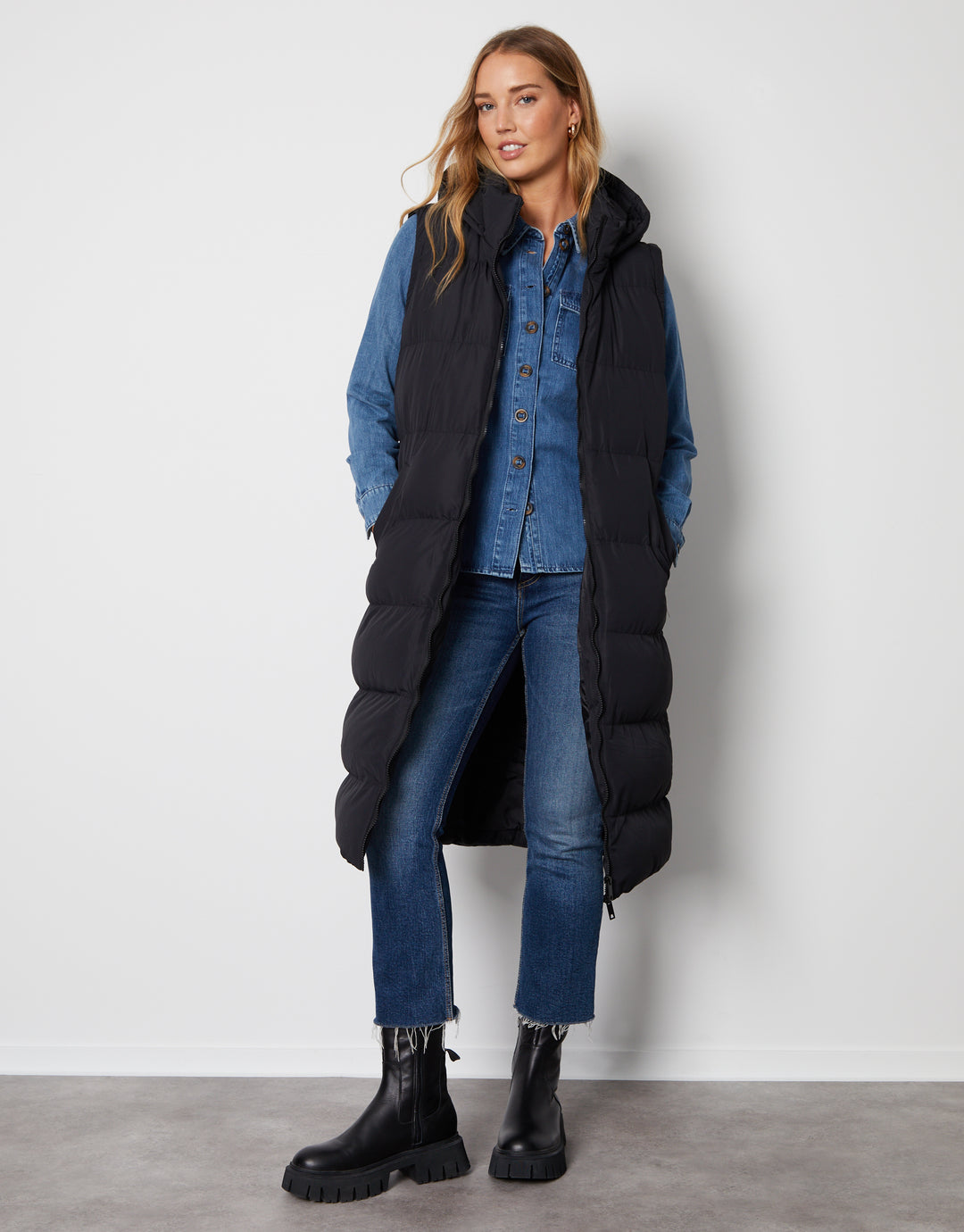 Black Padded Longline 2-in-1 Puffer Jacket with Detachable Sleeves