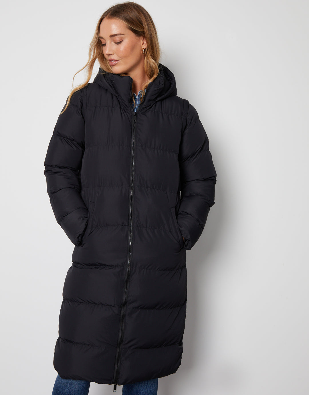 Black Padded Longline 2-in-1 Puffer Jacket with Detachable Sleeves
