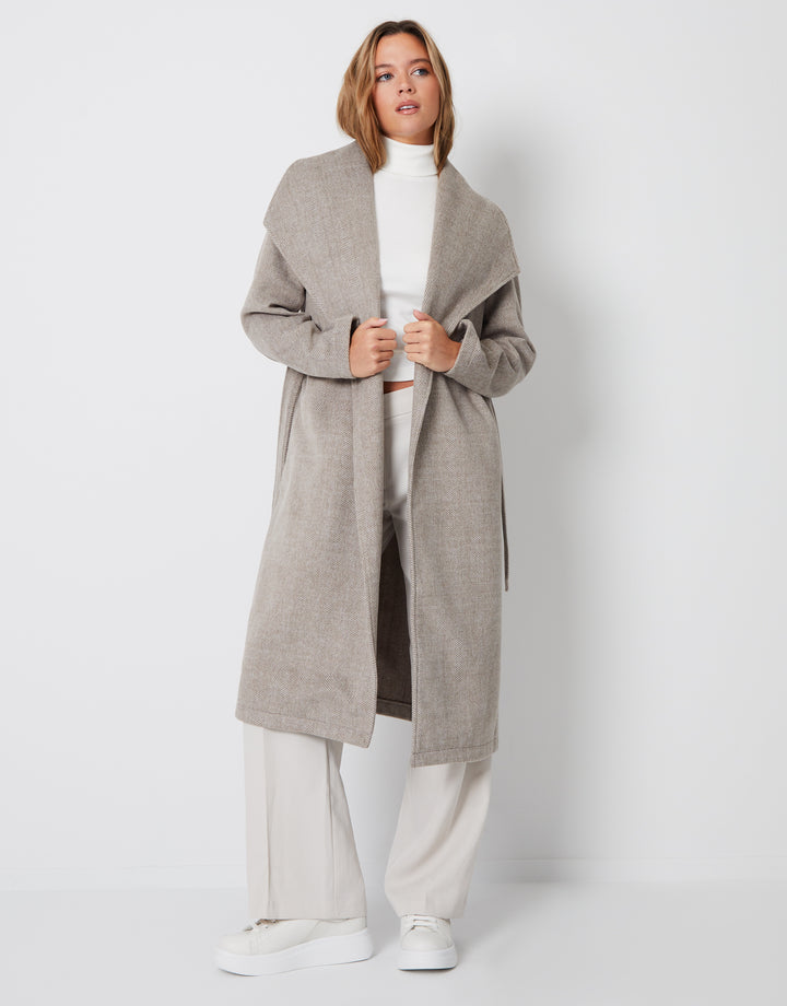 Taupe Shawl Collar Tie Waist Formal Coat