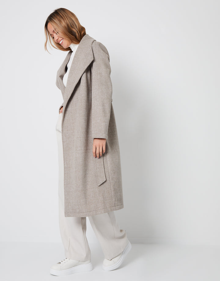 Taupe Shawl Collar Tie Waist Formal Coat