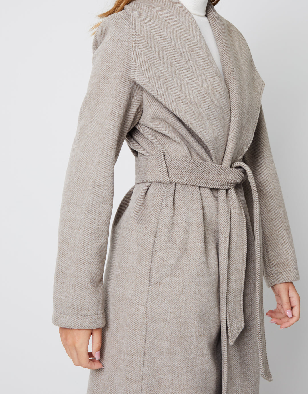 Taupe Shawl Collar Tie Waist Formal Coat