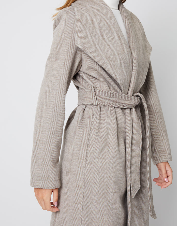 Taupe Shawl Collar Tie Waist Formal Coat