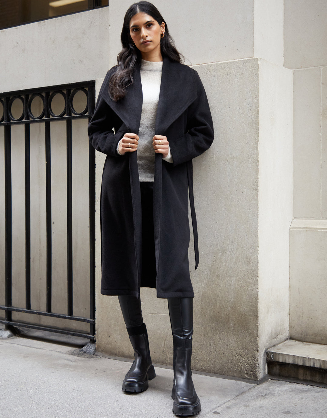 Black Shawl Collar Tie Waist Formal Coat