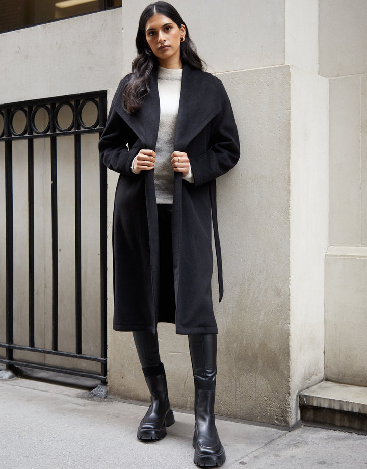 Black Shawl Collar Tie Waist Formal Coat