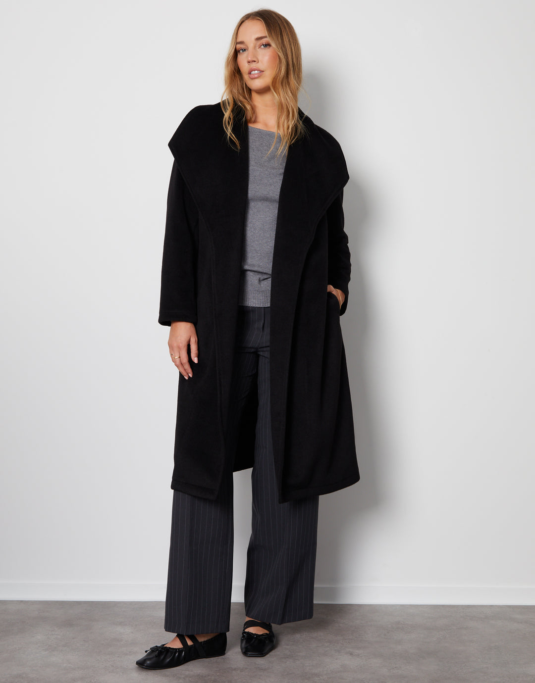 Black Shawl Collar Tie Waist Formal Coat