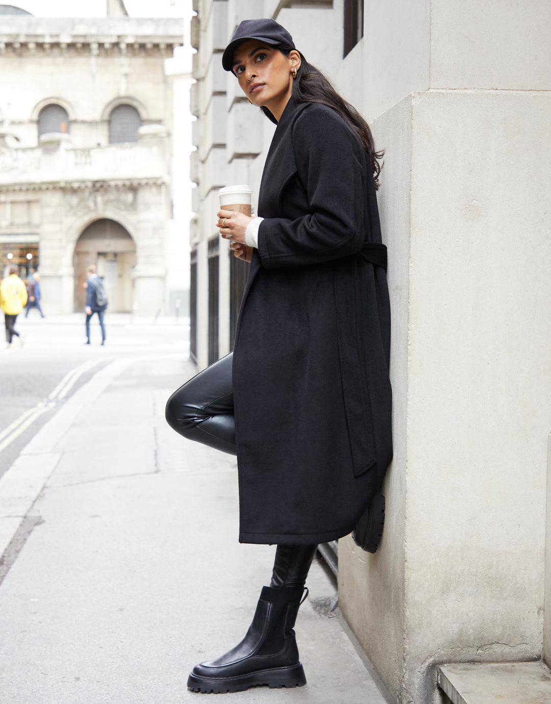 Black Shawl Collar Tie Waist Formal Coat