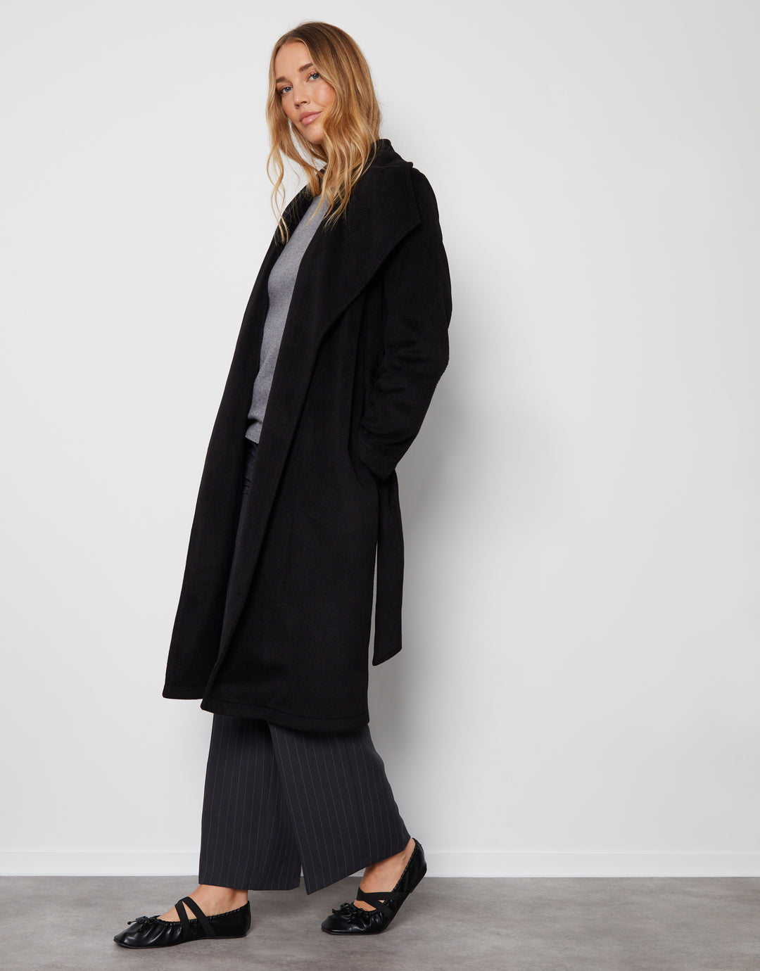 Black Shawl Collar Tie Waist Formal Coat