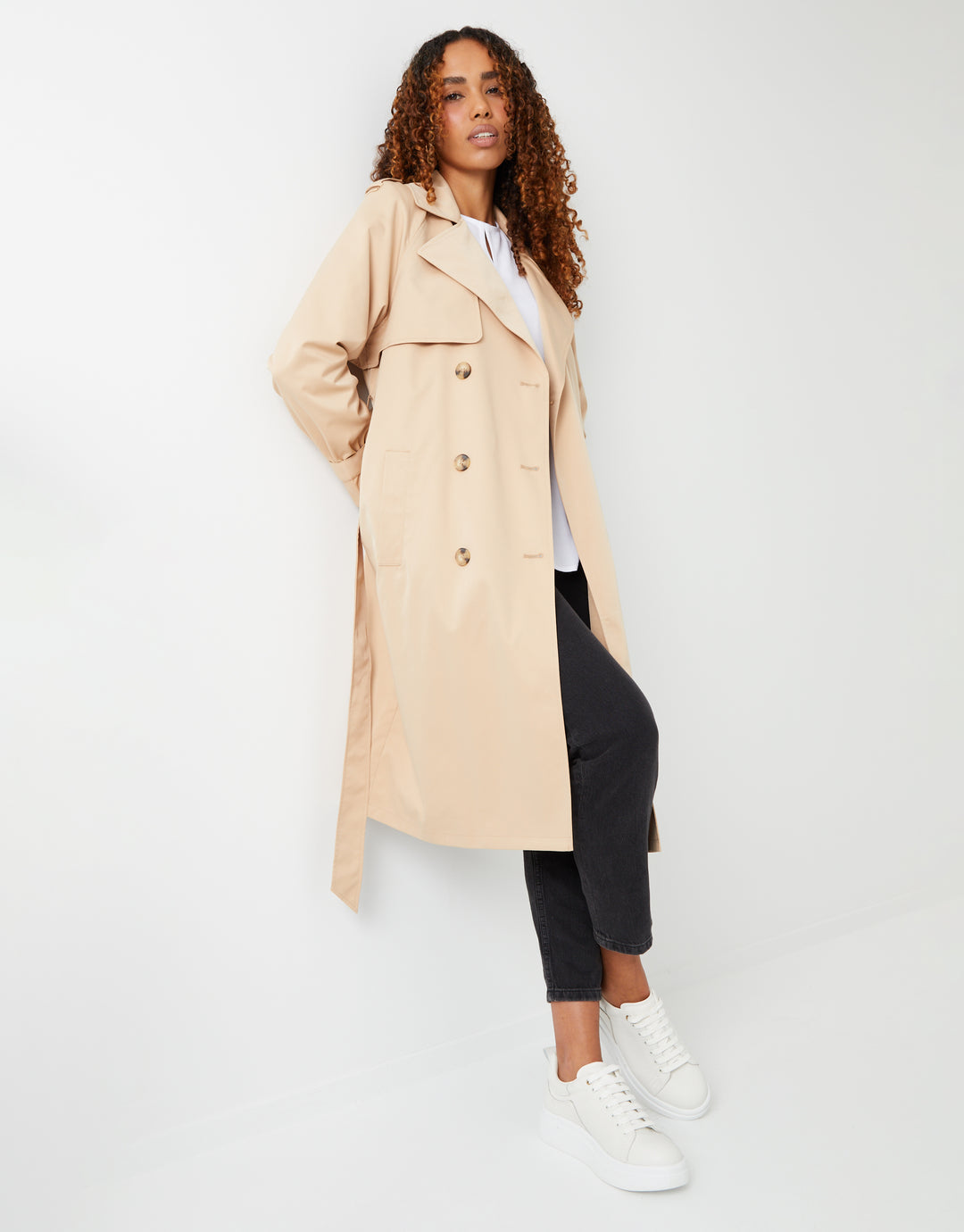 Stone Double Breasted Trench Coat