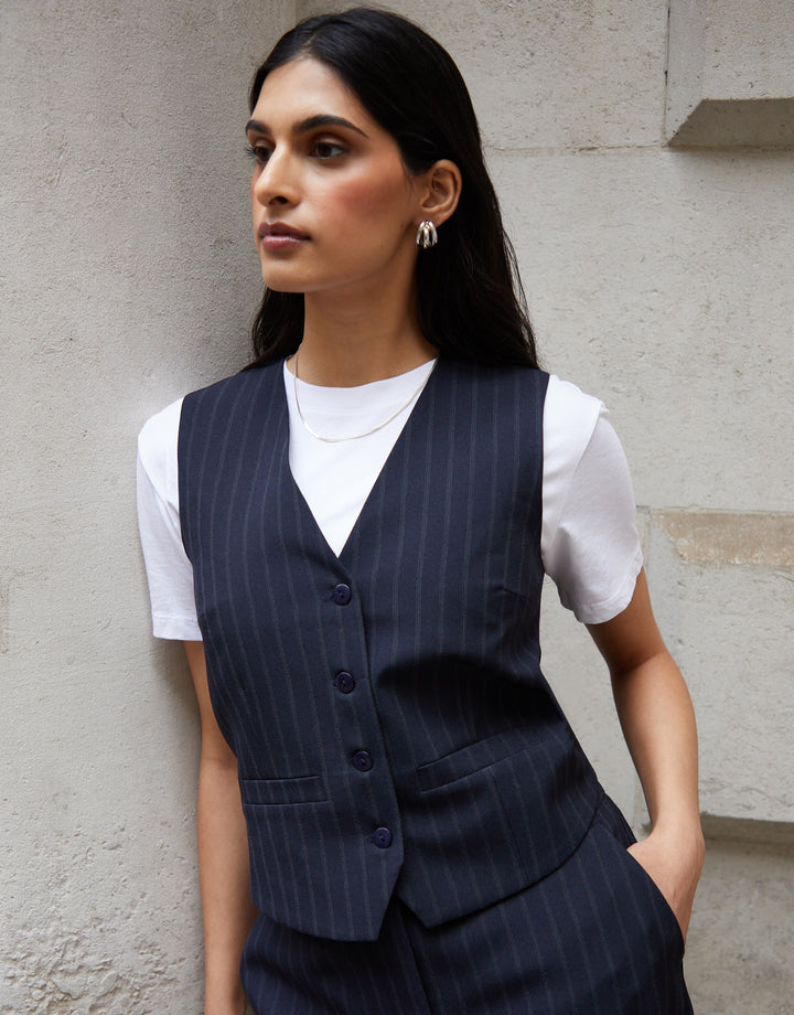 Navy Pinstripe Lined Fitted Tailored Waistcoat