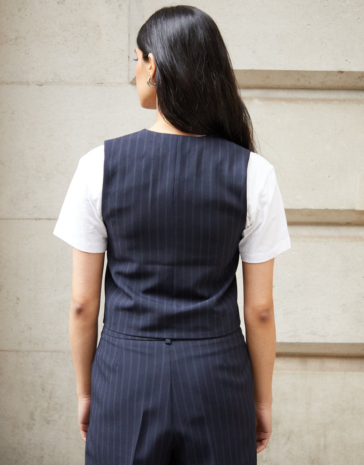 Navy Pinstripe Lined Fitted Tailored Waistcoat